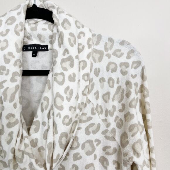 Gibson Look Leopard Cowl Neck Sweater Oatmeal Cream Pink XSmall XS Womens - Picture 3 of 9